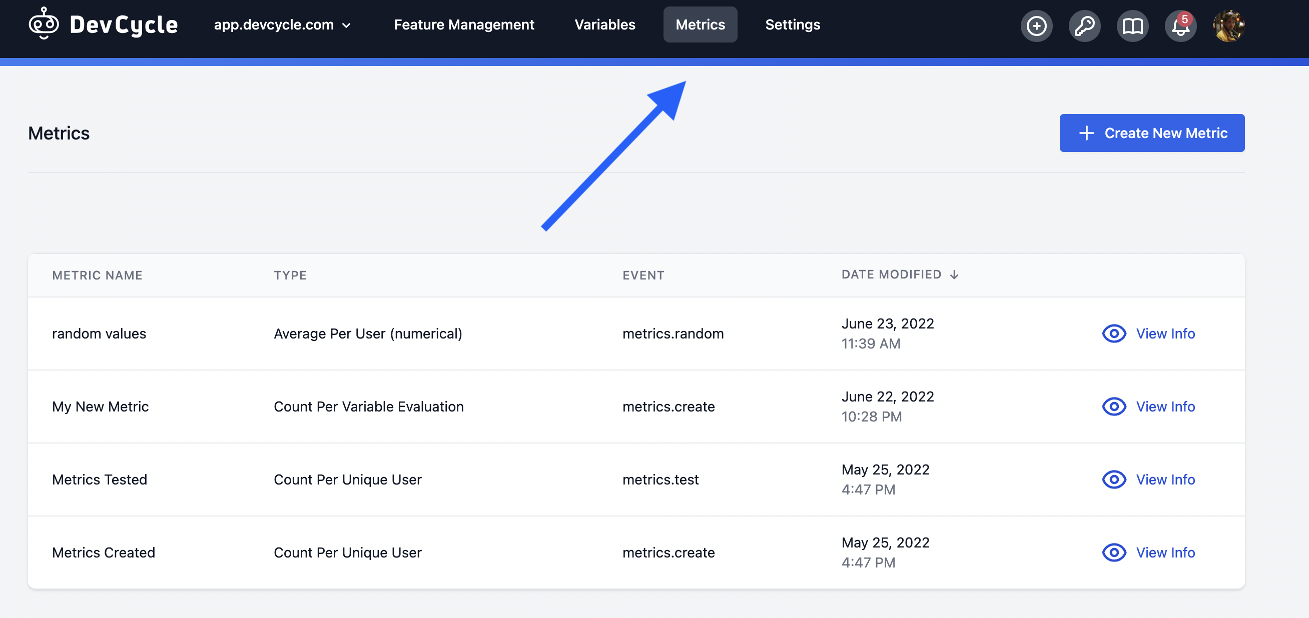 Metrics Section no Arrow